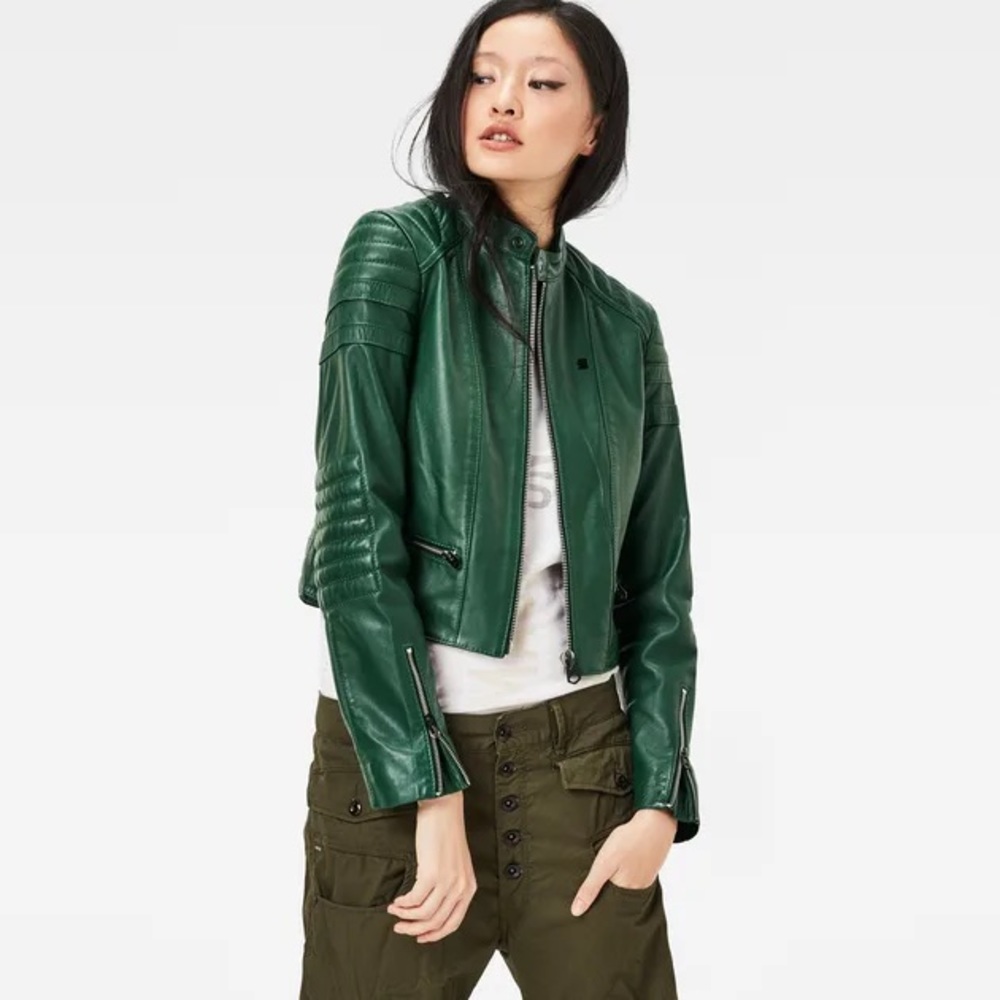 G-Star Lamb Leather Biker Cropped Jacket, Green, M